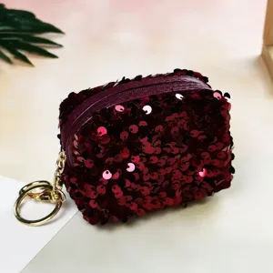 Sequin mini coin purse with gold zipper and keychain, portable lipstick storage bag.