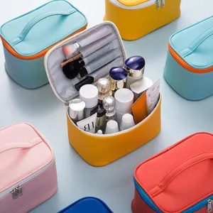 Neceser de Cuero PU Estilo Coreano Gran Capacidad Organizador Portatil de Articulos de Tocador Color Solido Estuche de Maquillaje de Viaje para Mujeres