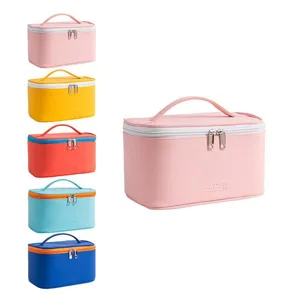 Bolsa de cosmeticos de cuero PU portatil de gran capacidad, organizador de maquillaje.