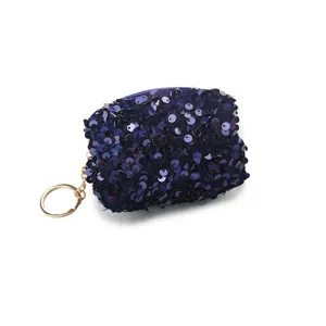 Dark blue sequin mini coin purse with key ring, stylish sparkly small pouch for daily use.