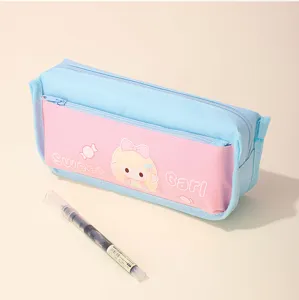 Cute sweet girl canvas pencil case with large capacity dual zipper design in pastel colors.