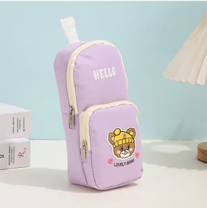 Bonito estuche de lona morada con cremallera doble, bolsa de papelería para estudiantes.