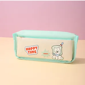 Cute cartoon puppy canvas pencil case macaron large capacity stationery storage bag for kids