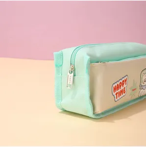 Cute cartoon puppy canvas pencil case, pastel green large capacity stationery storage bag.