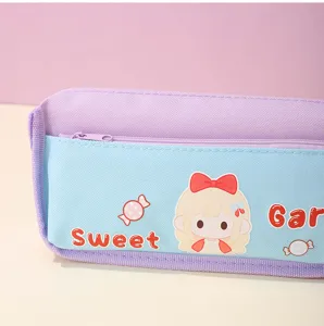 Close-up detail of a sweet cartoon girl macaron color canvas pencil case, large capacity.
