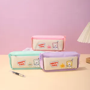 Cute macaron canvas pencil case large capacity stationery storage bag for students school