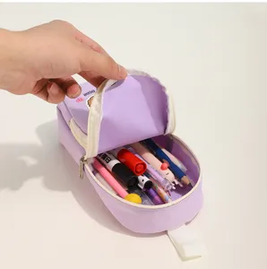 Bonito estuche morado de lona con gran capacidad y doble cremallera para estudiantes.