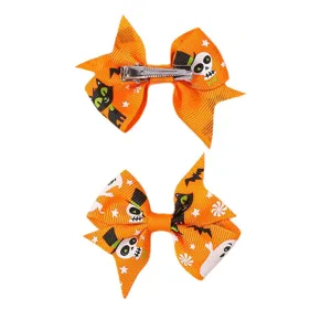 Halloween orangefarbene Schleifen-Haarspangen mit Totenkopf- und Geist-Motiven für Kinder.