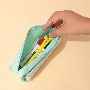 Cute cartoon dog large capacity pencil case, mint green zipper stationery storage pouch.