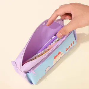 Large capacity canvas pencil case with cute cartoon girl design and pastel colors for students.
