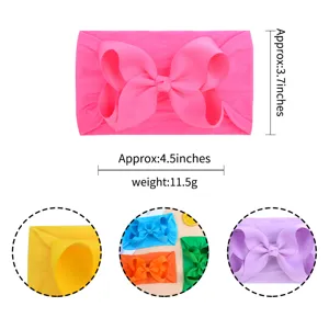Detailed view of super soft nylon baby headband with bow and size specifications
