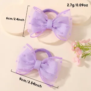 Detailed view of purple mesh bow hair ties featuring size and weight measurements