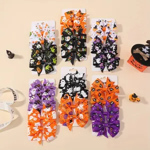 Halloween Grosgrain Ribbon Bow Hair Clips For Girls Toddlers Pumpkin Ghost Print Hairpins Kids Festive Hair Accessories Set