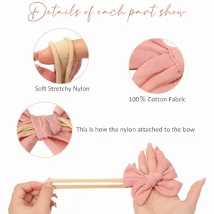 Detailweergave van zachte nylon band en 100% katoenen strik voor baby hoofdband