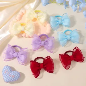 Children Mesh Bow Hair Ties Heart Pattern Tulle Scrunchies Sweet Girls Bowknot Ponytail Holders Boutique Headwear Accessories