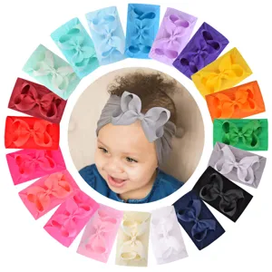 Soft nylon baby headbands with large grosgrain ribbon bows in 20 assorted colors
