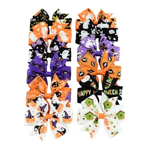 Halloween children's grosgrain ribbon hair bow clips set with ghosts and pumpkins prints