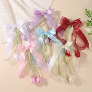 Handmade Tulip Bow Hair Clip Long Ribbon Chiffon Satin Organza Floral Hair Accessories For Kids Girls Senior Hairpin