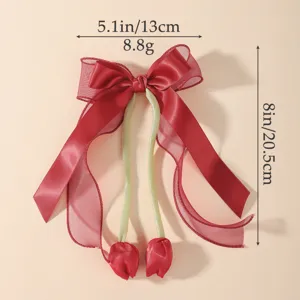 Elegant red tulip bow hair clip with long streamers and tulip pendants for girls