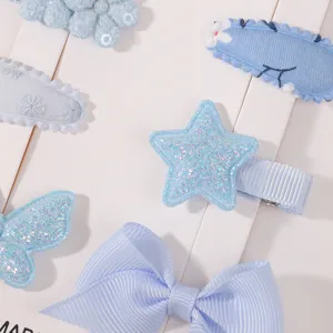 Set of light blue glitter star and butterfly hair clips with bow for toddler girls