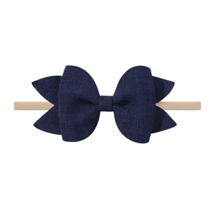 Diadema de nylon beige con lazo de lino azul marino para bebés y niñas pequeñas