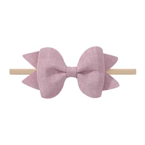 Diadema con lazo de lino rosa y correa de nailon beige suave para bebés y niñas