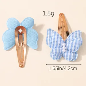 Kids blue plaid bow hair clips with pearls, cute side hair barrettes, lightweight design.