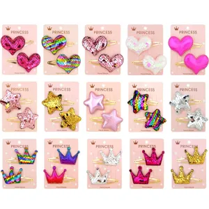 Kids Sequin Hair Clips Fashion Gradient Shiny Heart Crown Star BB Hair Pins Handmade Duckbill Clips For Girls Hair Accessories