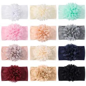 Set di 12 fasce per neonati in nylon colorato con fiori grandi in chiffon per bambine