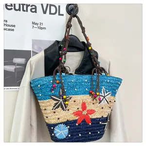 Large woven basket tote bag with colorful floral accents and beaded straps on a display