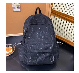 Detailed view of black backpack with lightning bolt pattern and side pockets