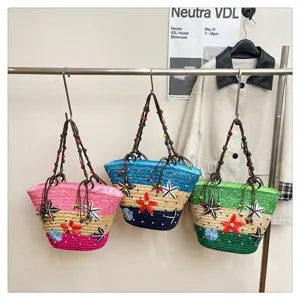 Detailed view of colorful handmade woven straw tote bags featuring vibrant floral embellishments