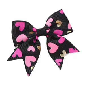 Handgefertigte schwarze Ripsband-Haarschleife für Kinder mit rosa und goldenen Herzmustern
