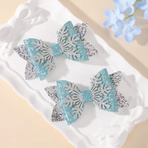 Christmas glitter snowflake hair clips set cute bow headwear for kids party detail