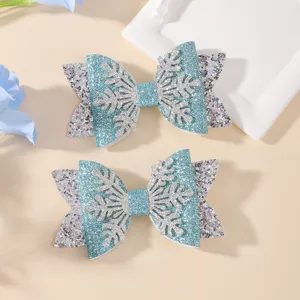 Glitter blue snowflake hair bow set, cute children hair clips for party detailed view.