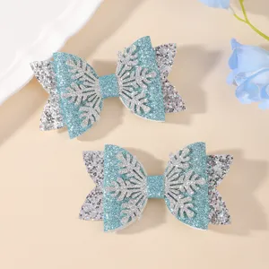 Children glitter snowflake bow hair clips set, cute blue party hair accessories for kids.