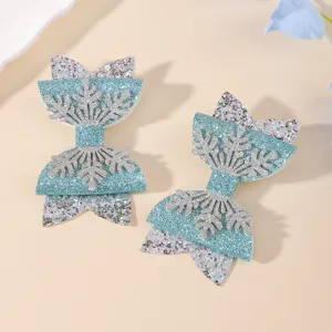 Christmas glitter snowflake bow hair clips set, cute blue hairpins for kids party headwear.