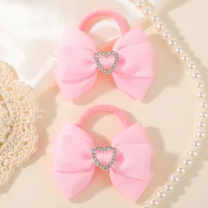 Kids pink bow hair ties with rhinestone heart charm cute hair accessories for little girls