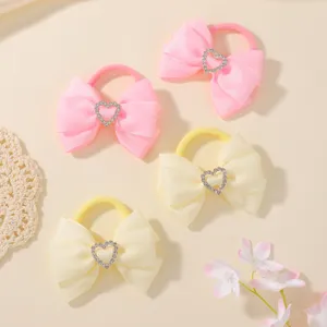 Girls Heart Rhinestone Bowknot Hair Ties Polyester Solid Color Elastic Hair Bands Sweet Ribbon Ponytail Holder Kids Hair Accessories