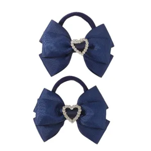 Cute navy blue rhinestone heart bow hair ties for girls, sweet elastic hair accessories.