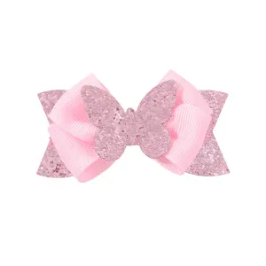 Roze glitter vlinder haarstrik voor meisjes met elegante geribbelde lint textuur ontwerp