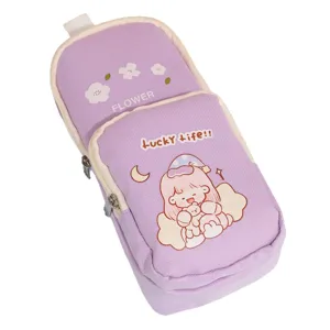 Estuche de lapices de lona de doble capa gran capacidad purpura macaron material escolar