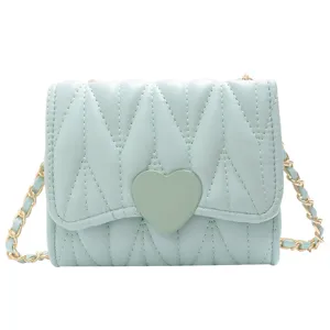 Mint green quilted mini crossbody bag with heart closure and gold chain strap for girls.