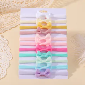 Set of 12 colorful nylon bow headbands for infants and babies with elastic soft texture
