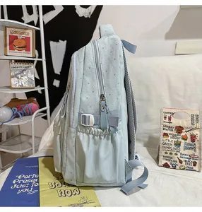 Detaillierte Seitenansicht des hellblauen Rucksacks mit Sternenmuster und Schnallenriemen