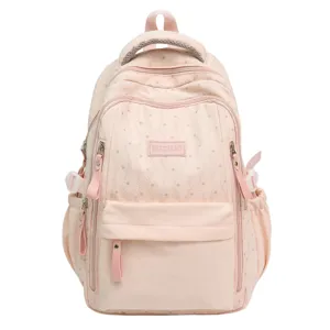 Detailansicht eines rosa Schülerrucksacks mit Sternenmuster und praktischem Fächerdesign