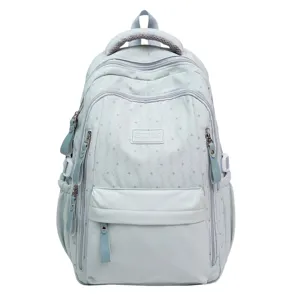 Hellblauer Schülerrucksack mit großem Fassungsvermögen, Sternenmuster und mehreren Reißverschlüssen