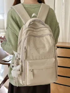 Cremefarbener Rucksack für Schüler mit Sternmuster, hoher Kapazität und süßem Plüschanhänger