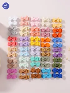 Set of 60 pieces colorful mini ribbon bow hair clips in solid colors for baby girls