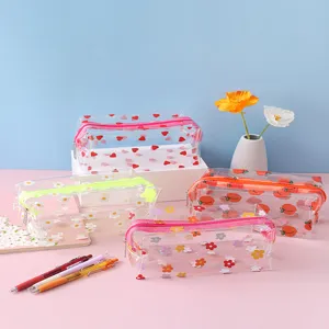 Transparent EVA Pencil Case Large Capacity Stationery Pouch Student Zipper Pen Bag Floral Heart Peach Office School